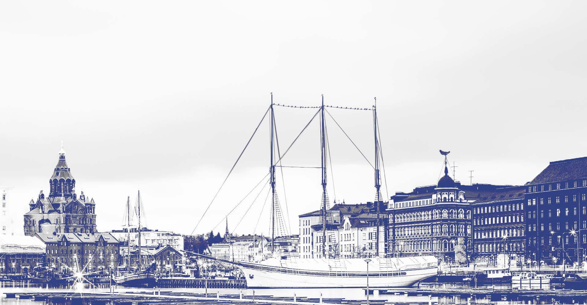 Mustavalkoinen kuva Helsingin Kuunuhaasta ja satamasta.